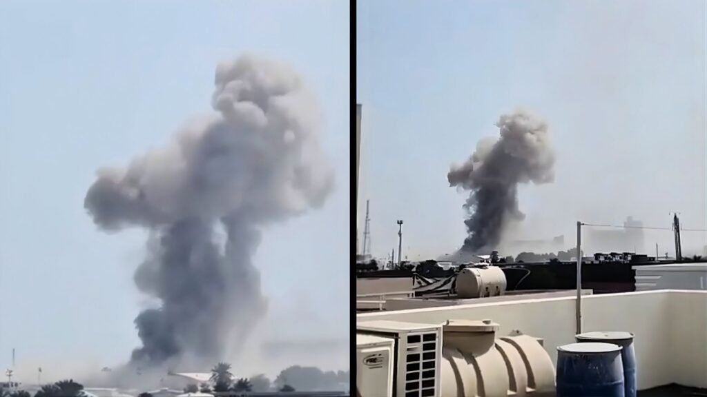 Smoke visible at a reported blast site in Abu Dhabi following explosions linked to escalating Israel-Iran tensions in the Gulf region