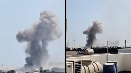 Smoke visible at a reported blast site in Abu Dhabi following explosions linked to escalating Israel-Iran tensions in the Gulf region