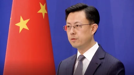 Chinese Foreign Ministry spokesperson Guo Jiakun speaking at a press conference in Beijing