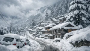 Snow-covered houses and roads after heavy snowfall in Himachal Pradesh hill districts.