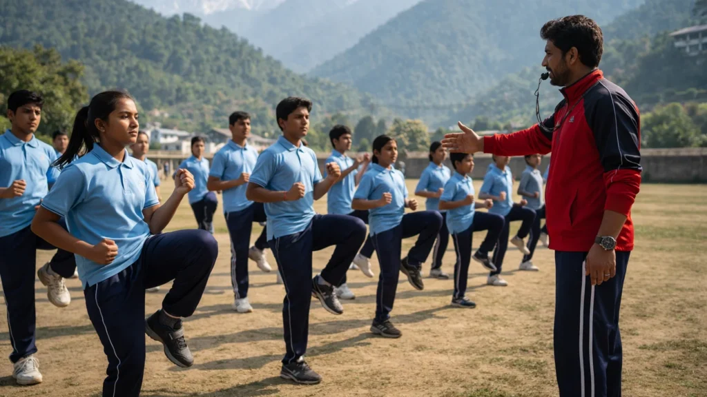 Students training in school playground with physical education teacher in Himachal