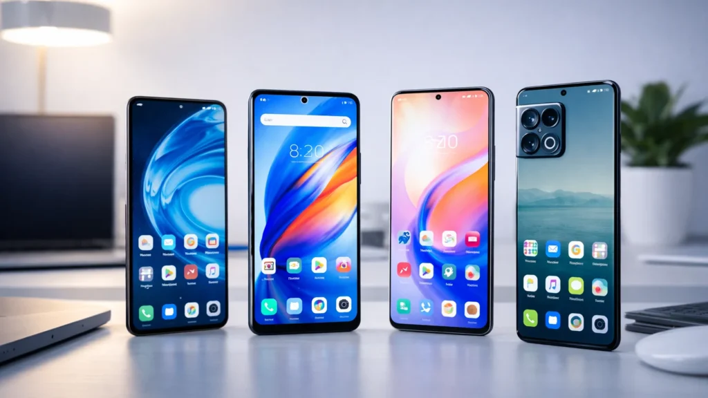 Latest Smartphone Launches and Technology Updates in India Multiple smartphones placed on a desk displaying colorful screens.