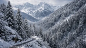 Snowfall Returns to Himachal Peaks, Narkanda and High Hills Turn White Fresh snowfall covering pine forests and mountain peaks near Narkanda in Shimla district.