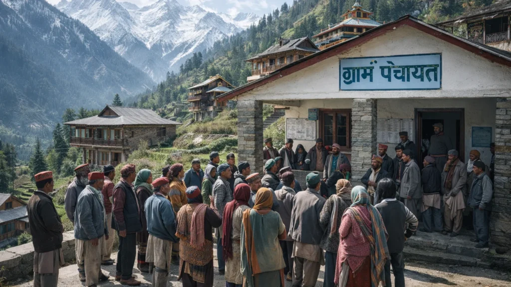 Himachal Approves 64 New Panchayats; Ward Delimitation Orders Issued Villagers gathered outside a gram panchayat office in a Himachal village after a government notification on panchayat reorganisation.