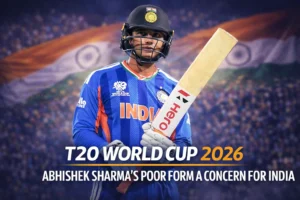 Indian cricketer Abhishek Sharma holding his bat during an ICC T20 World Cup 2026 match