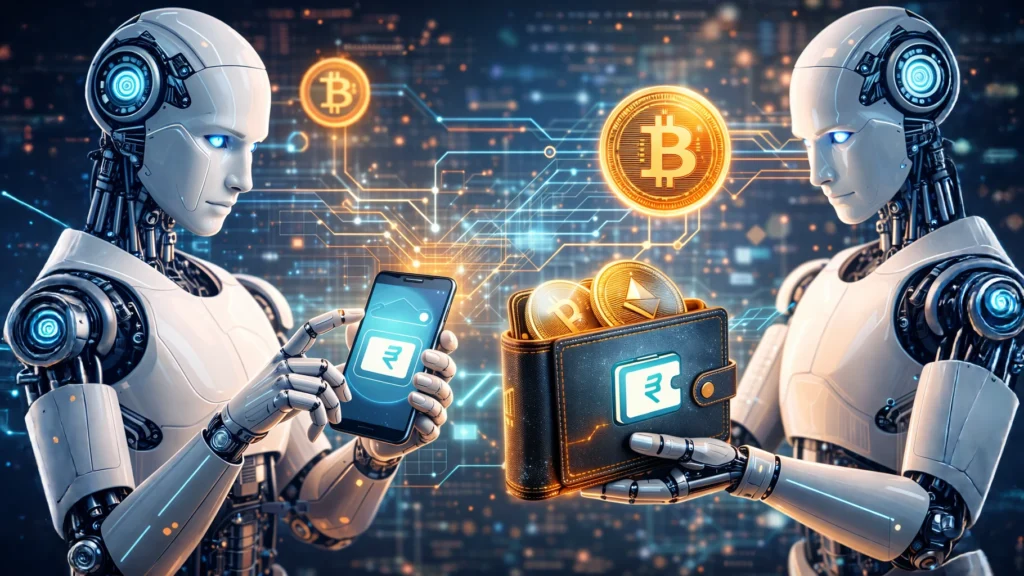 AI Agents May Soon Make Payments Using Cryptocurrency Wallets Futuristic AI robots making cryptocurrency payments through digital wallets in a blockchain network