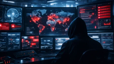 Officials Warn AI Could Help Trigger Major Cyberattack This Year Cybersecurity control room with AI threat visuals representing warnings about a possible major AI-enabled cyberattack