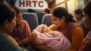 Woman Gives Birth to Baby Girl Inside Moving HRTC Bus in Sirmaur Passengers help a newborn baby girl after birth inside a moving HRTC bus in Himachal Pradesh