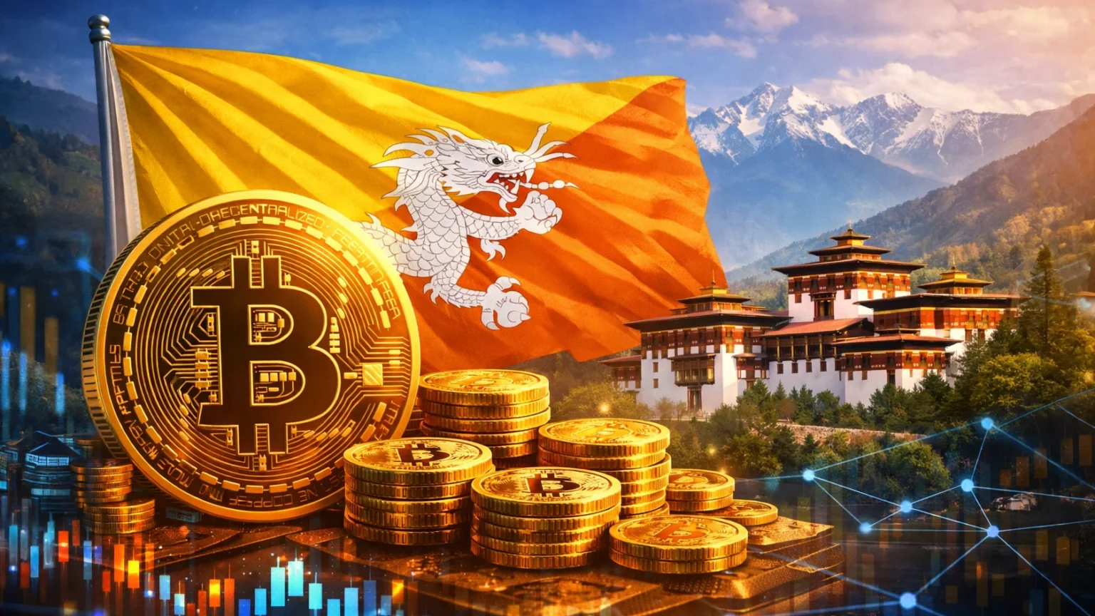 Bhutan Transfers $11.8 Million in Bitcoin From National Crypto Reserve Illustration of Bitcoin with Bhutan flag representing national cryptocurrency reserves