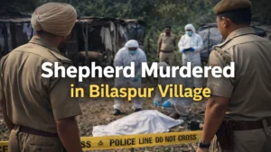 Police and forensic officials investigating the murder of a shepherd in Malhot village of Bilaspur district, Himachal Pradesh.