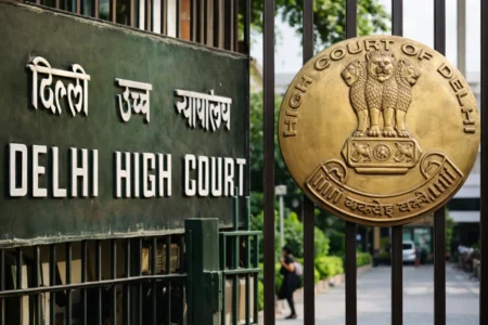 Entrance gate of the Delhi High Court building with official signage and emblem visible.