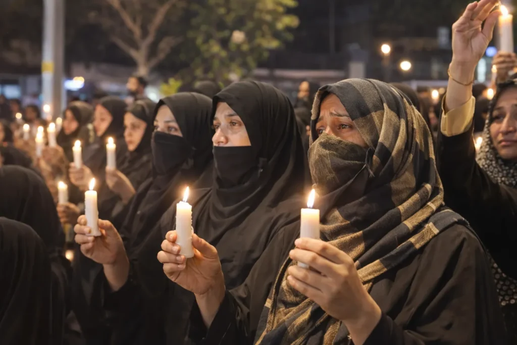 Veiled women holding candles during a prayer vigil at Karbala ground in Delhi
