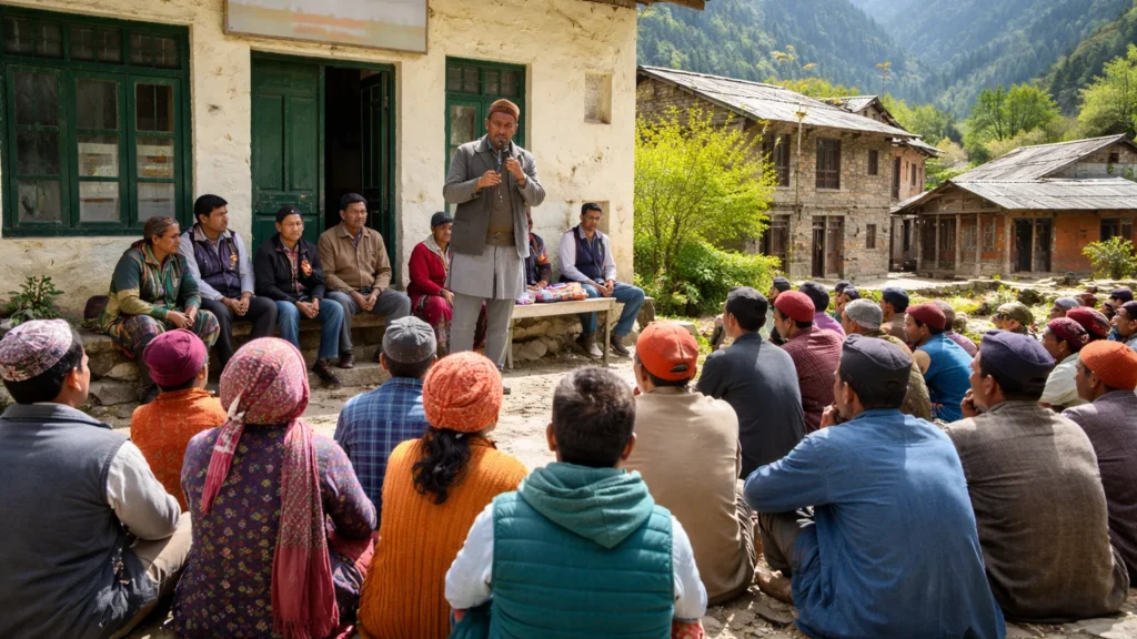 Villagers attending a Gram Sabha meeting outside a Panchayat building in a Himalayan village of Himachal Pradesh.