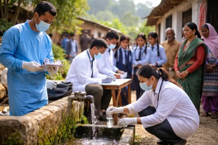 Health workers collecting drinking water samples in a village near Hamirpur after jaundice outbreak infected residents and school students