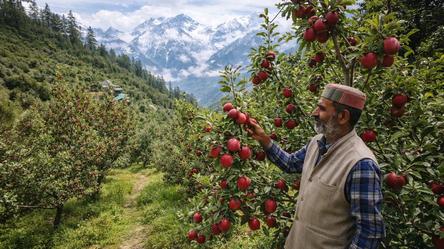 Himachal Apple Farmers Prepare for New Season Amid Market Expectations Apple farmer inspecting red apples in an orchard in Himachal Pradesh with Himalayan mountains in the background