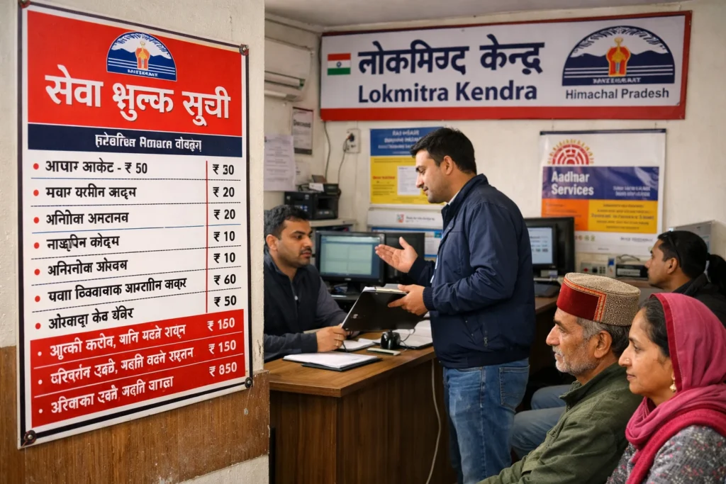 Himachal Issues SOP to Stop Overcharging at Lokmitra Centres Citizens accessing government digital services at a Lokmitra centre in Himachal Pradesh as the state introduces strict rules on service charges.