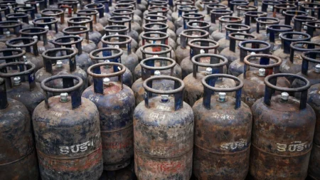 LPG Supply Disruption Halts Commercial Cylinder Refilling Across Himachal Pradesh Commercial LPG cylinders stacked at a gas agency during supply shortage