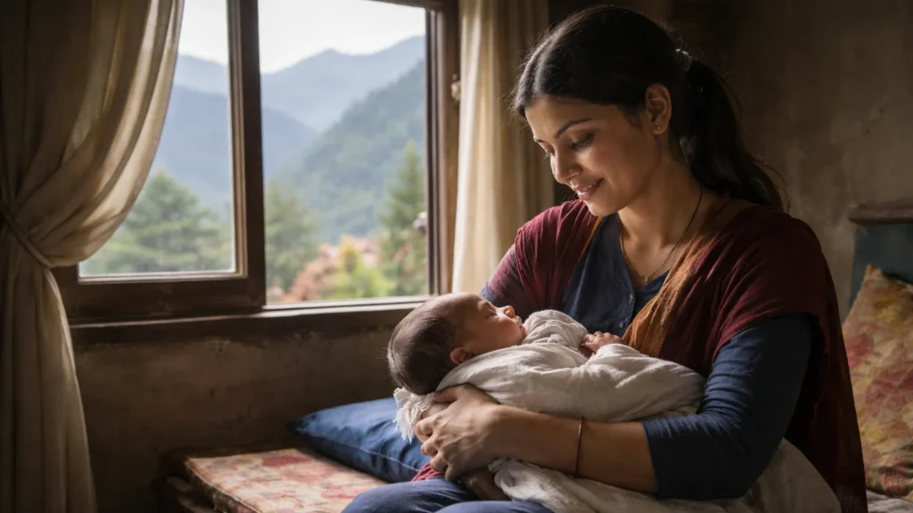 Working woman with newborn baby in Himachal home environment