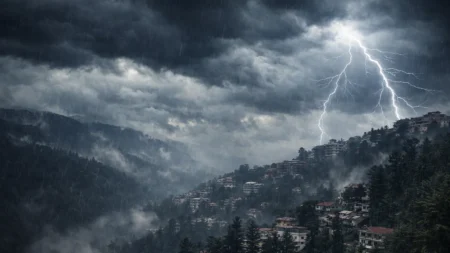 Dark storm clouds, lightning and rainfall over Shimla hills during orange alert weather conditions in Himachal Pradesh