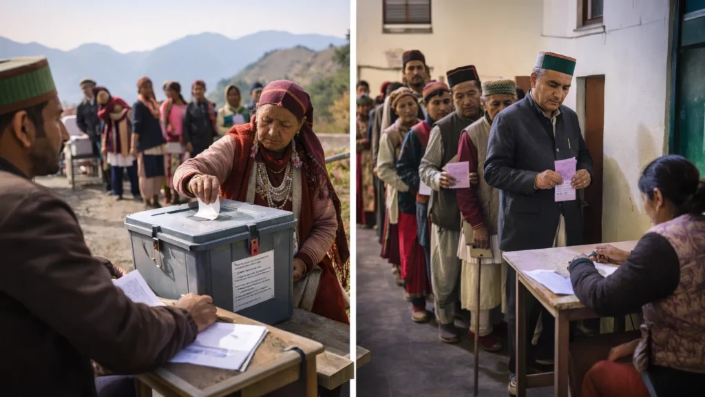 Himachal Panchayat Elections: Timeline, Reservation System and Voting Process Explained Villagers standing in line and casting votes at a polling station during Panchayat elections in Himachal Pradesh