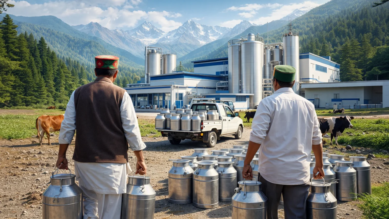 Himachal Plans Six New Milk Plants to Boost Dairy Sector Dairy farmers carrying milk cans near a milk processing plant in Himachal Pradesh with Himalayan mountains in the background