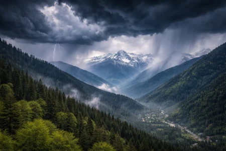Dark storm clouds and rainfall over mountains in Himachal Pradesh as bad weather forecast from March 15 to 18