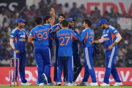 India Consider Squad Changes Ahead of T20 World Cup Final Indian cricket players celebrating a wicket during a T20 World Cup match as teammates gather on the field