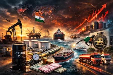 Symbolic representation of India preparing for potential global oil price volatility and energy supply disruptions