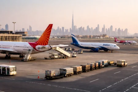 Indian commercial aircraft parked on an airport tarmac in the Middle East with city skyline in the background.