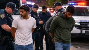 11 Indians Arrested in US Over Fake Robbery Visa Scam Police officers detaining suspects during investigation of fake robbery scheme linked to U-visa fraud in the United States