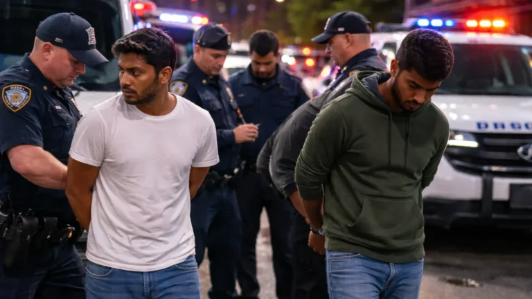 11 Indians Arrested in US Over Fake Robbery Visa Scam Police officers detaining suspects during investigation of fake robbery scheme linked to U-visa fraud in the United States