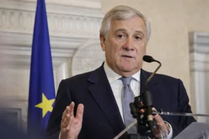Italy Foreign Minister Antonio Tajani speaking during a press briefing on the economic impact of the Iran crisis