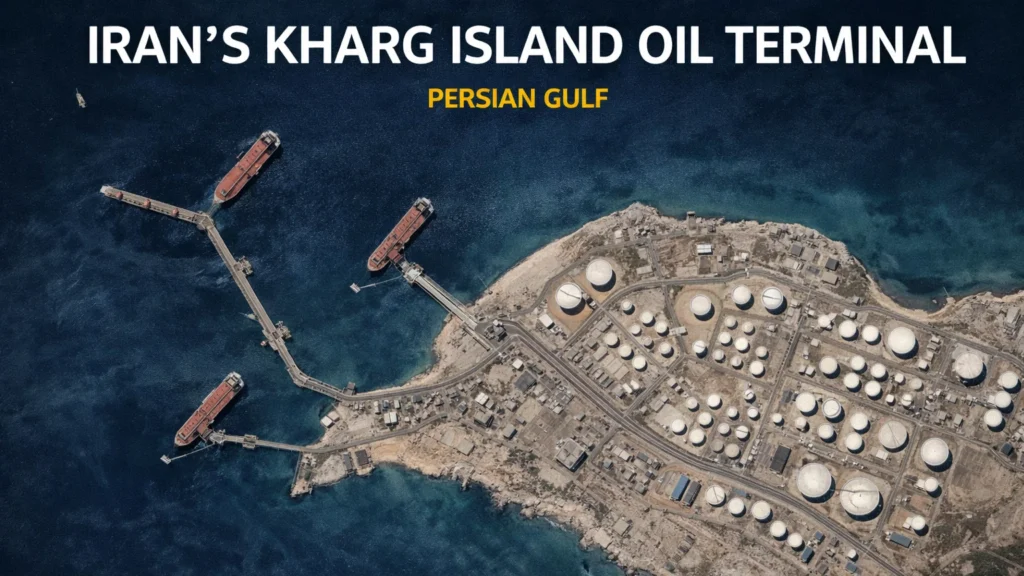 Satellite view of Kharg Island in Iran showing oil storage tanks and tanker loading terminals in the Persian Gulf