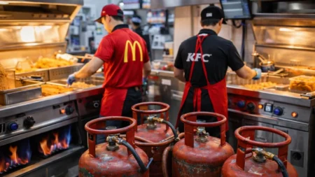 Iran Conflict Triggers LPG Shortage for India’s Major Fast-Food Chains LPG cylinders used in commercial fast-food kitchen as McDonald’s and KFC restaurants face gas supply concerns