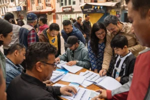 Nepalese citizens checking voter lists and registering during Nepal’s republican election process