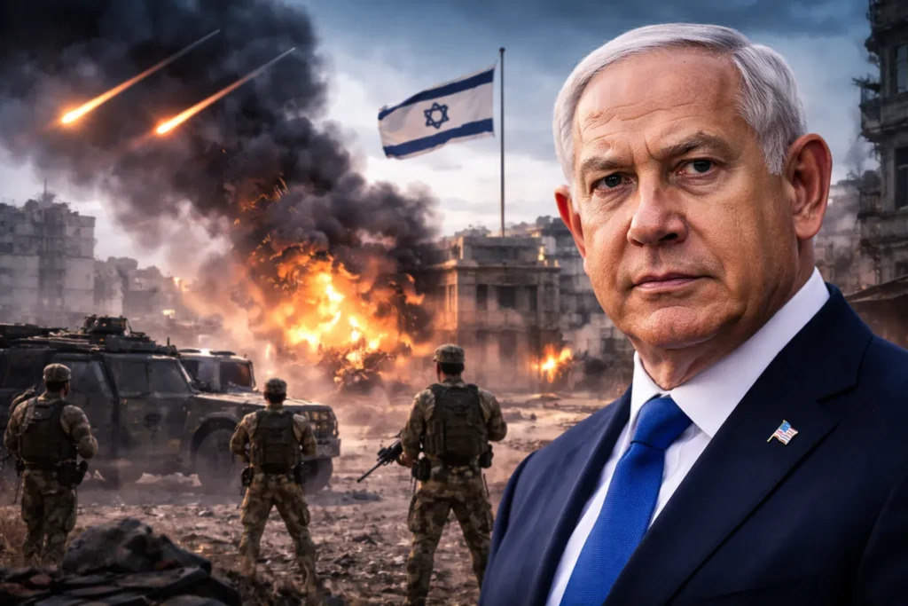 Israeli Prime Minister Benjamin Netanyahu with a war-damaged urban backdrop and military presence amid ongoing regional conflict.