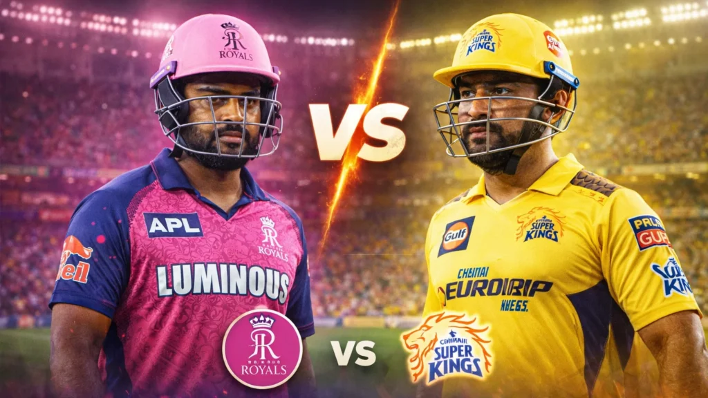 Rajasthan Royals and Chennai Super Kings players in a symbolic IPL 2026 match preview image ahead of their live streaming clash