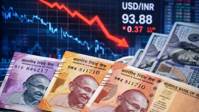 Rupee Falls 35 Paise to Record Low of 93.88 Against US Dollar Indian rupee notes with US dollar and falling graph showing rupee weakening to record low of 93.88