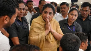 Maharashtra Launches ‘Come Early, Go Early’ Scheme For Women Sunetra Pawar interacting with people while discussing Come Early Go Early scheme for women employees in Mumbai