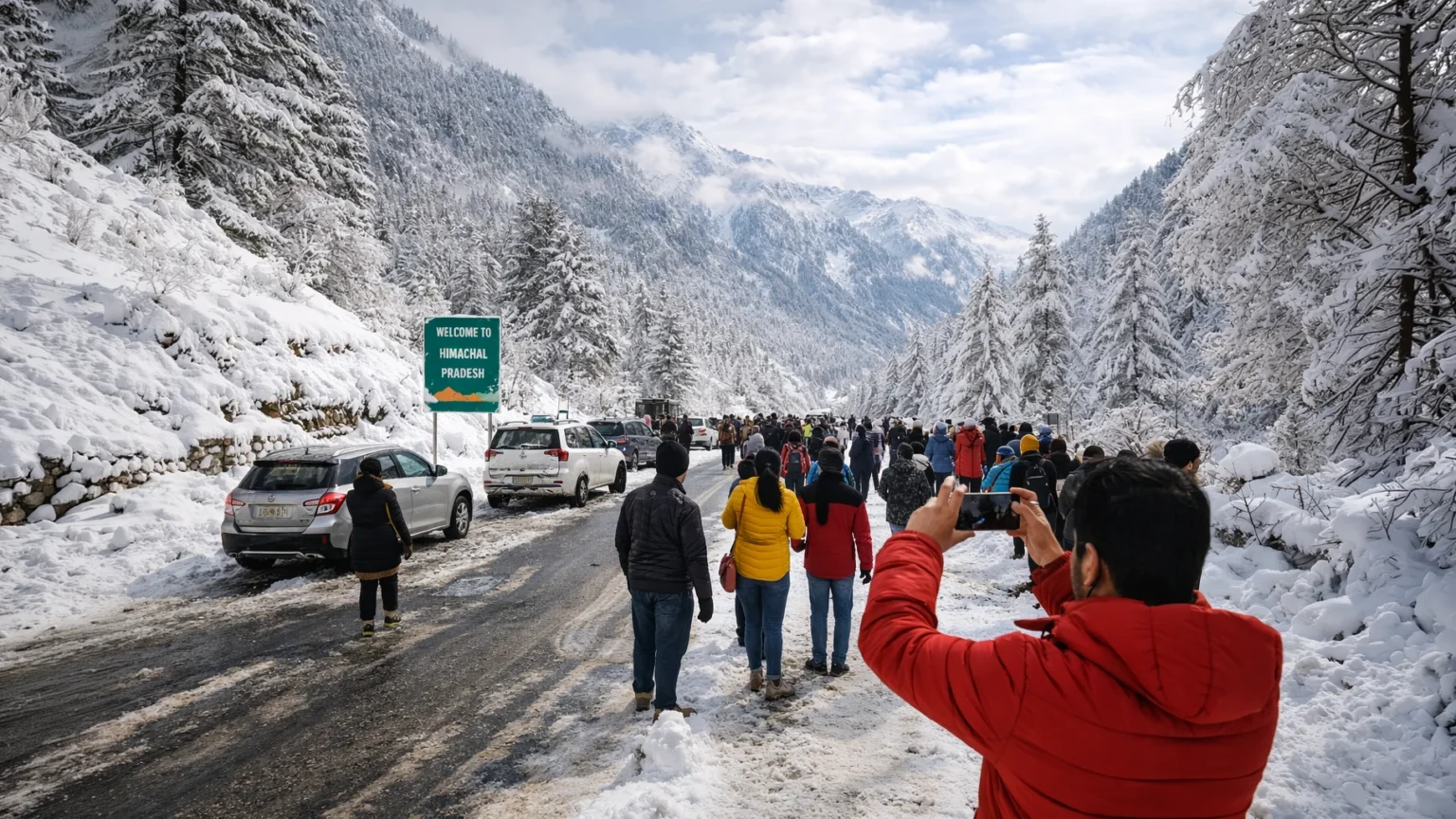 Tourist Rush in Shimla and Manali After Fresh Snowfall Tourists walking on a snow-covered road in Himachal Pradesh mountains after fresh snowfall
