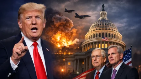 Donald Trump speaking alongside US Capitol building and Republican leaders, with background imagery symbolizing US military strikes and Middle East tensions