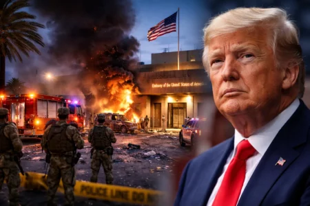 Trump Signals Shift on Ground Troops After Riyadh Embassy Attack Side-by-side image of former US President Donald Trump and the US Embassy in Riyadh with heightened security presence.